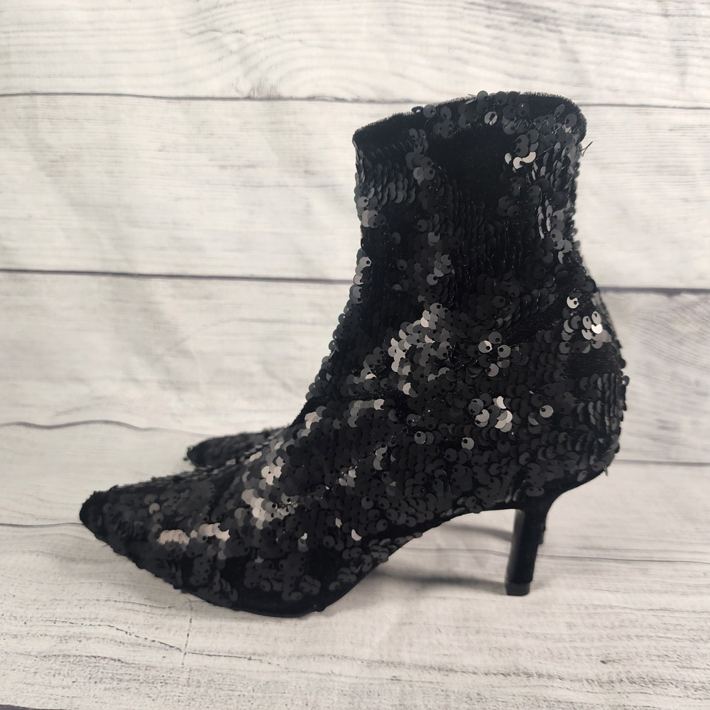 NWT Zara Woman 35 EU Black Runway Sequin Velvet Ankle Stiletto/Kitten Heel Boots - Picture 3 of 8